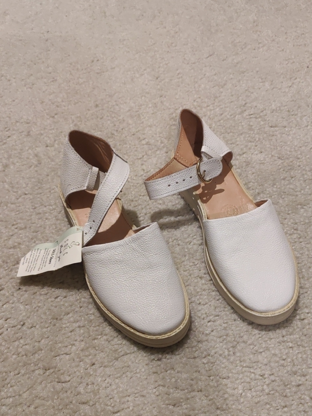 New!Sols Women's Off White Leather Ankle-Strap Shoes Y2K Cottagecore Vintage